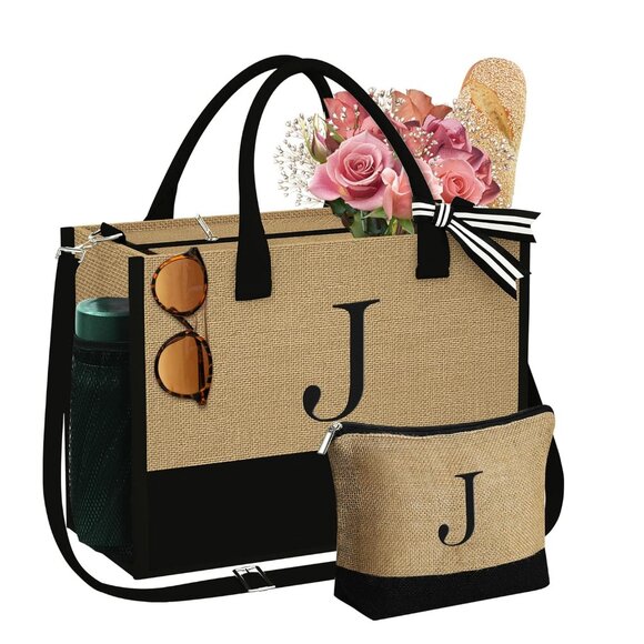 Jute Tote Bag with Matching Makeup Bag Tan Black Monogram J - Picture 1 of 8